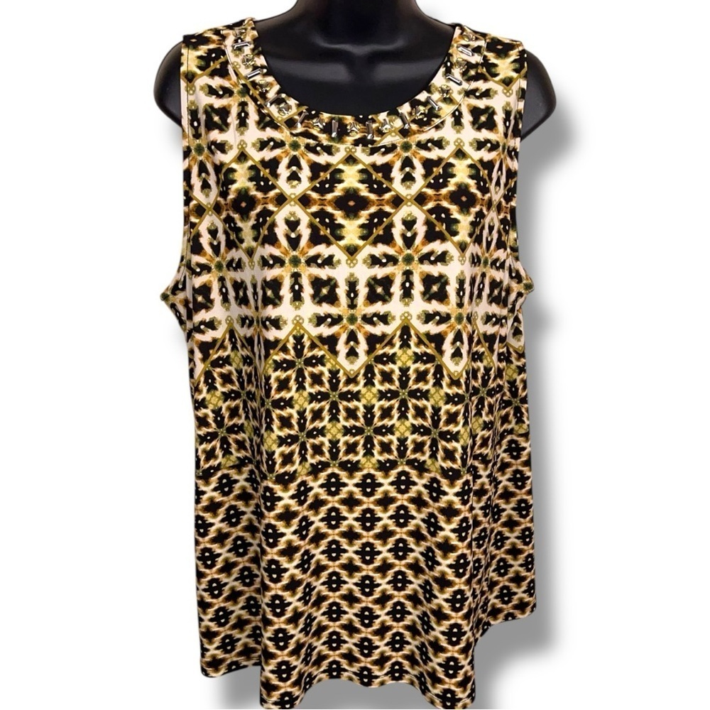Large Dressbarn Geometric Beaded Neckline Sleeveless Blouse Stretch Black Olive